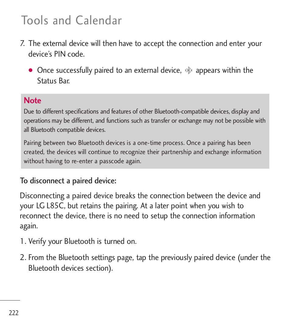 Tools and calendar | LG LGL85C User Manual | Page 224 / 490