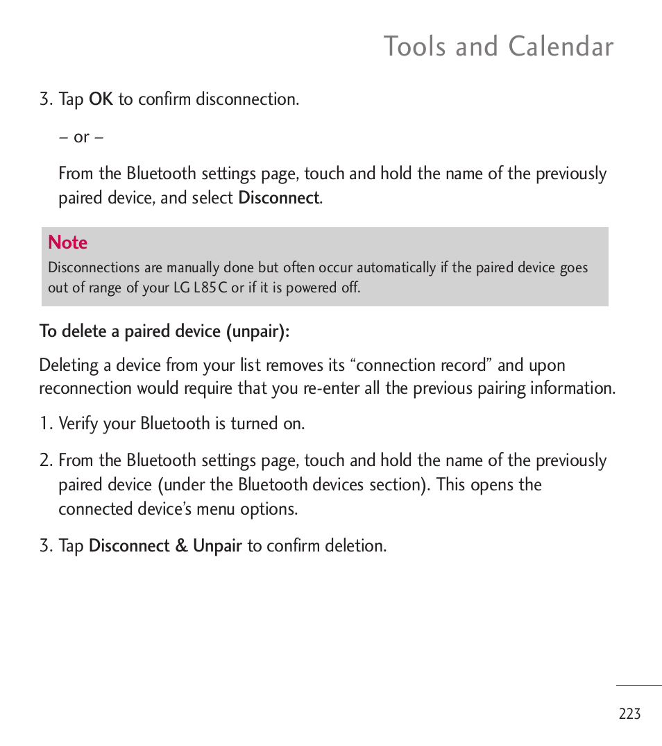 Tools and calendar | LG LGL85C User Manual | Page 225 / 490