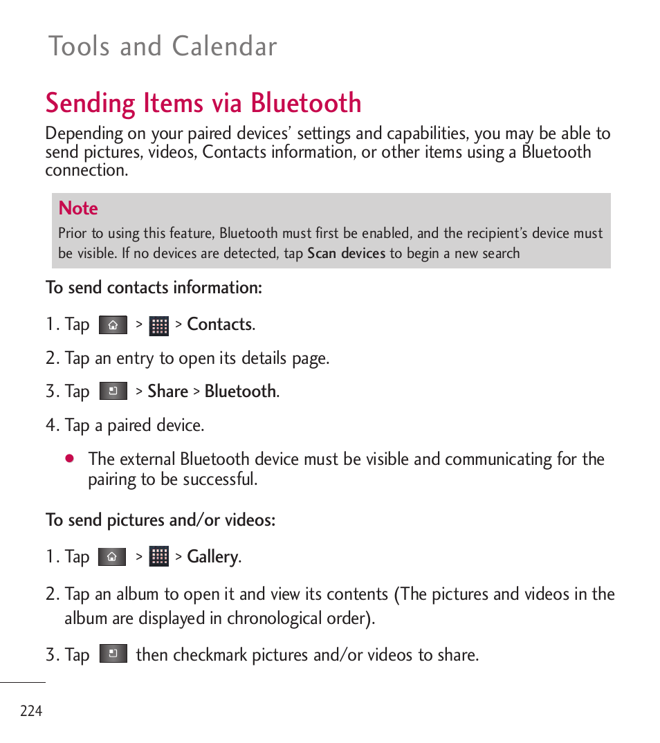 Sending items via bluetooth, Tools and calendar | LG LGL85C User Manual | Page 226 / 490