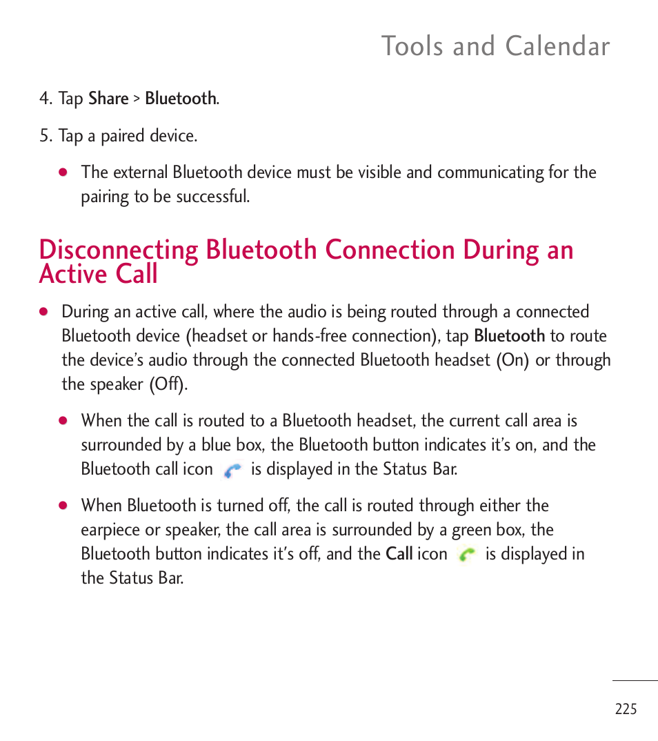 Disconnecting bluetooth con, Tools and calendar | LG LGL85C User Manual | Page 227 / 490