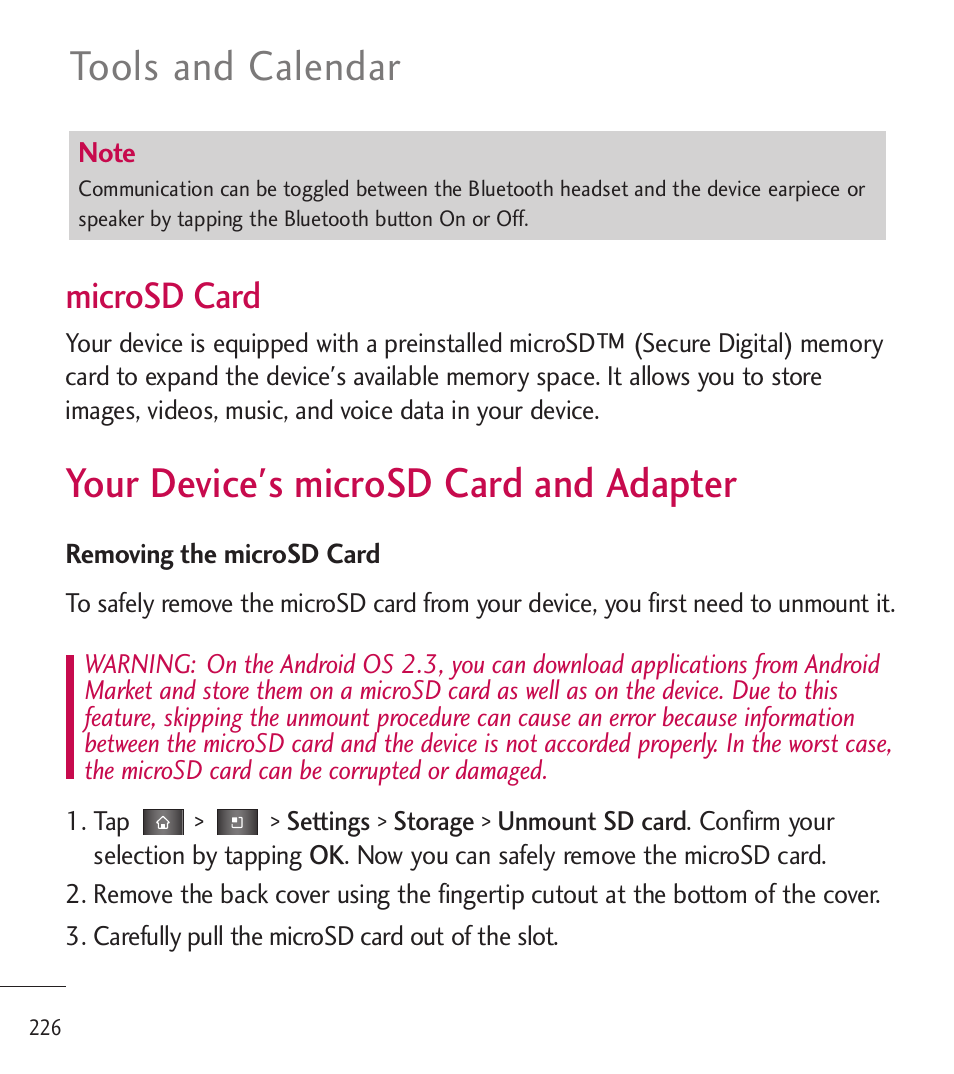 Your device's microsd card, Your device's microsd card and adapter, Tools and calendar | Microsd card | LG LGL85C User Manual | Page 228 / 490