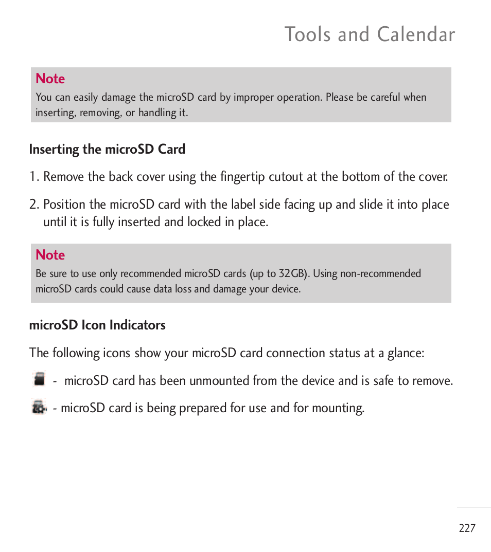 Tools and calendar | LG LGL85C User Manual | Page 229 / 490