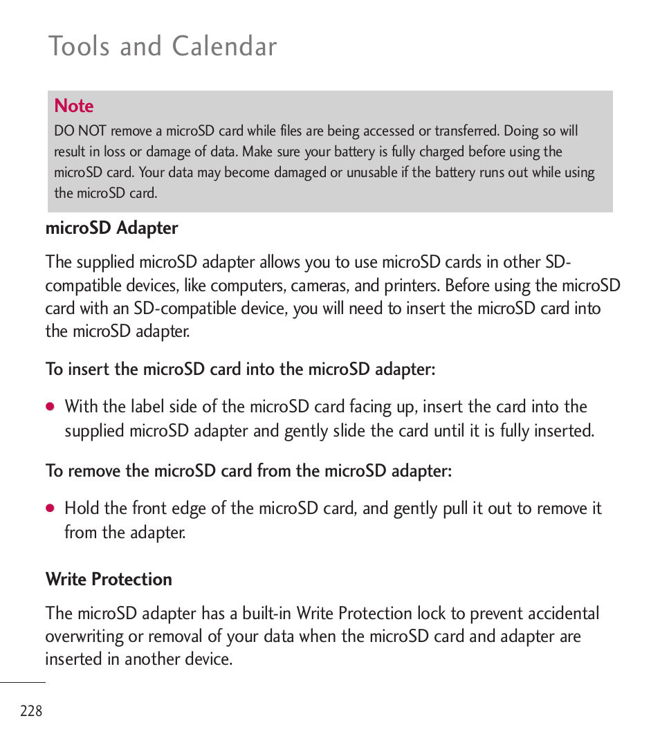 Tools and calendar | LG LGL85C User Manual | Page 230 / 490