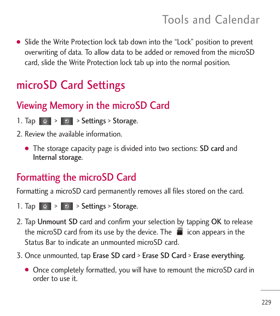 Microsd card settings, Tools and calendar, Formatting the microsd card | LG LGL85C User Manual | Page 231 / 490