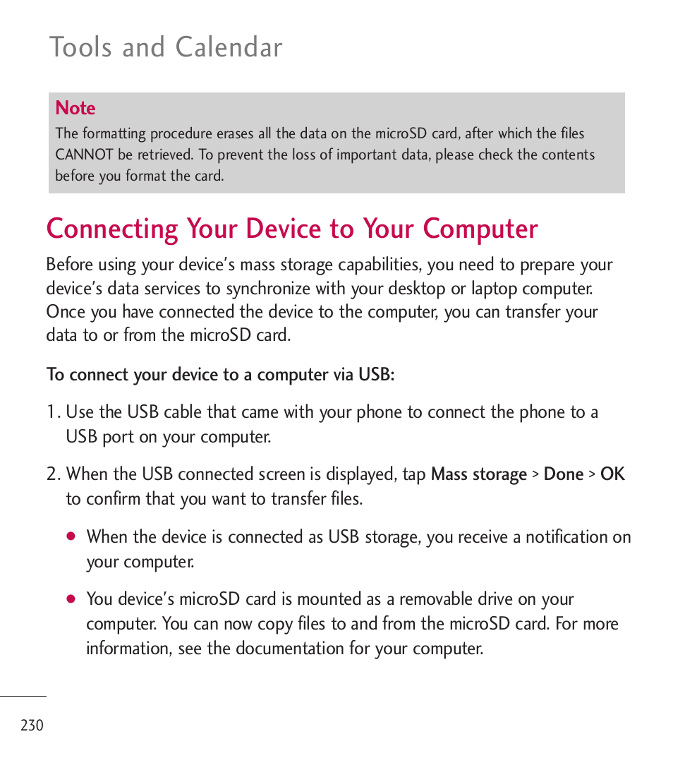 Connecting your device to y, Connecting your device to your computer, Tools and calendar | LG LGL85C User Manual | Page 232 / 490