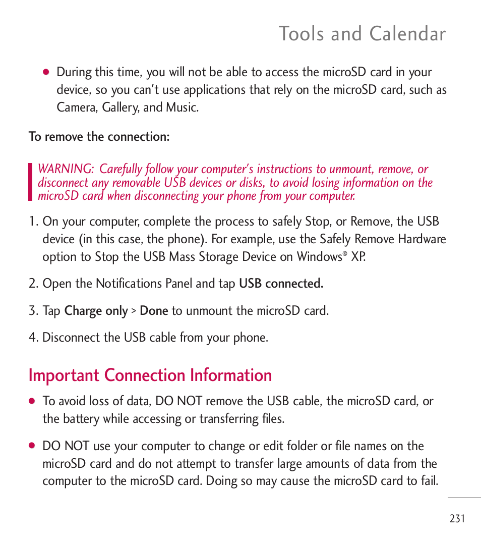 Tools and calendar, Important connection information | LG LGL85C User Manual | Page 233 / 490