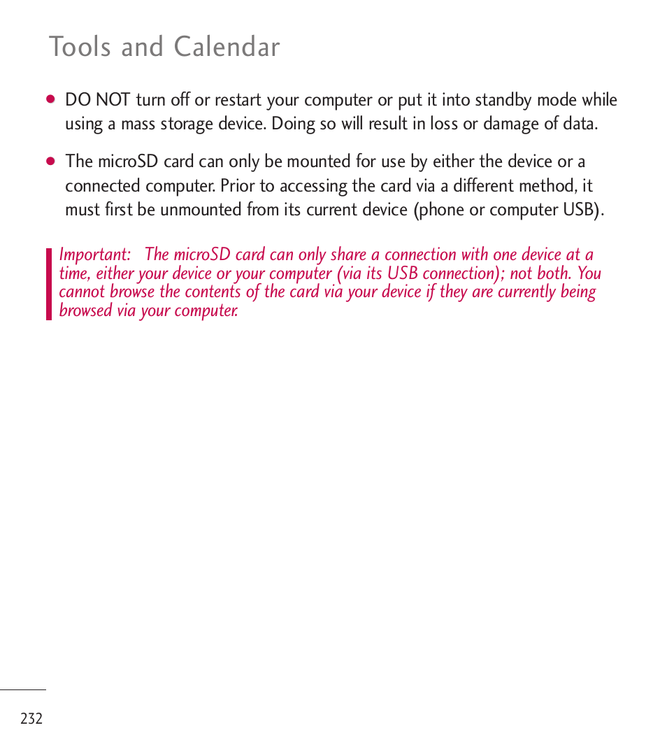 Tools and calendar | LG LGL85C User Manual | Page 234 / 490