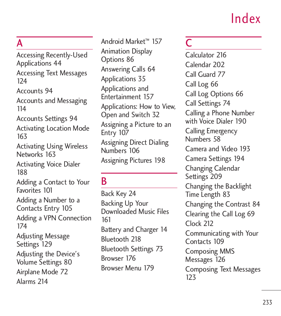 Index | LG LGL85C User Manual | Page 235 / 490