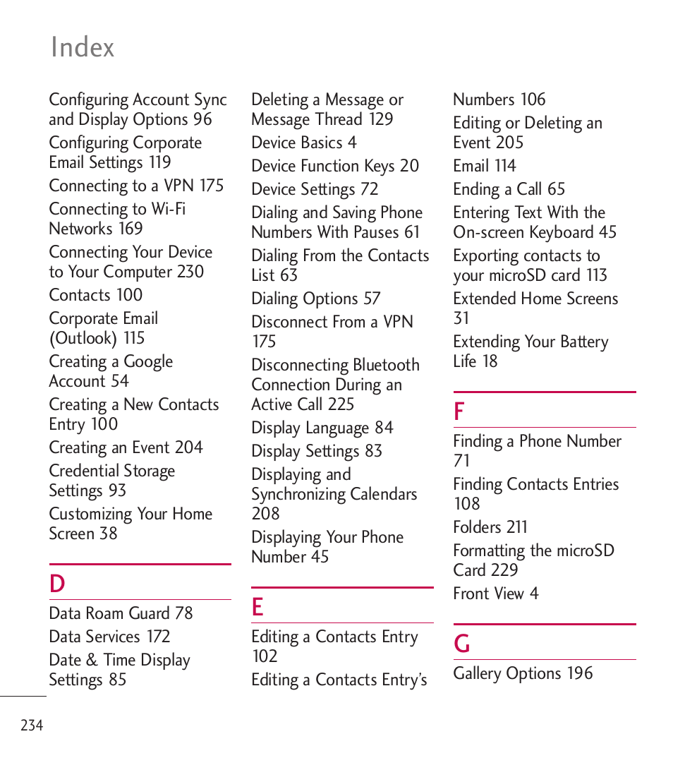 Index | LG LGL85C User Manual | Page 236 / 490