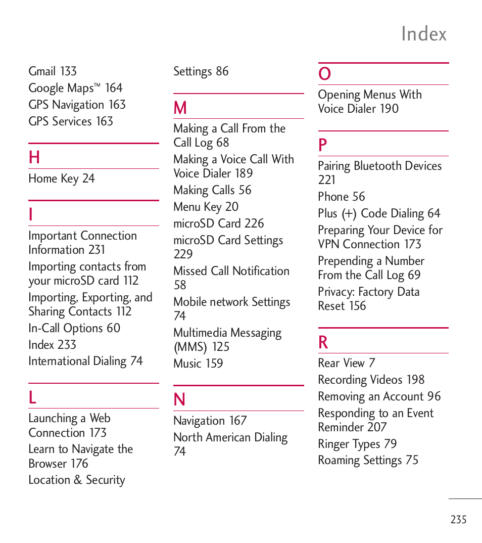 Index | LG LGL85C User Manual | Page 237 / 490