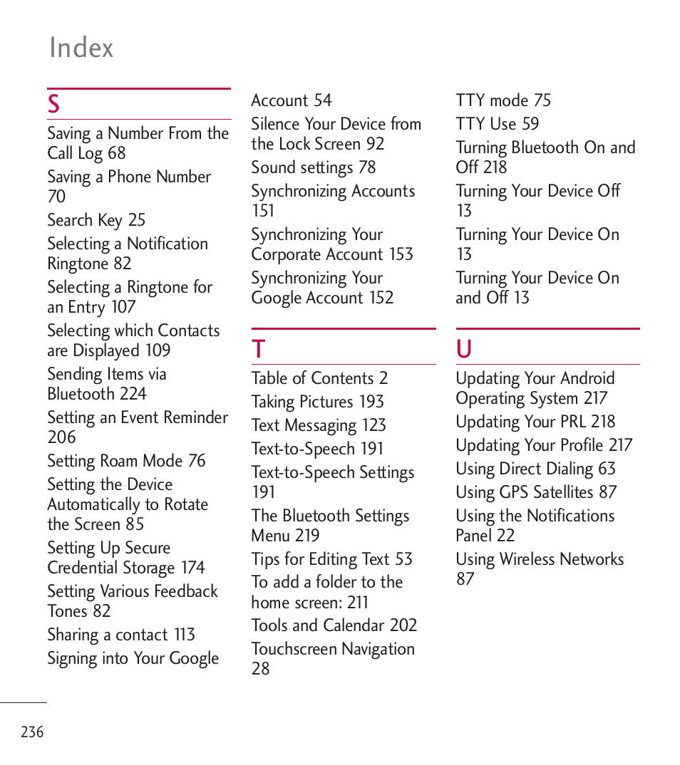 Index | LG LGL85C User Manual | Page 238 / 490