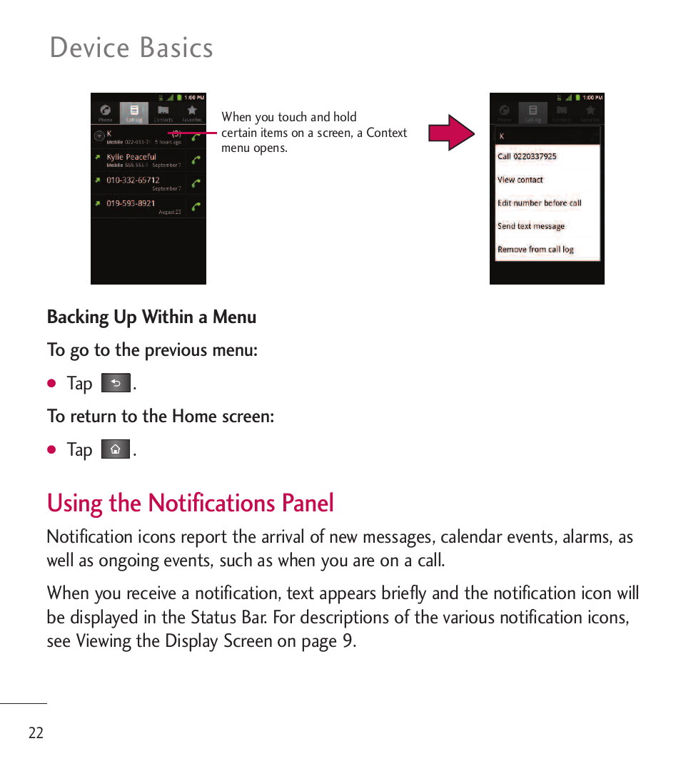 Device basics, Using the notifications panel | LG LGL85C User Manual | Page 24 / 490