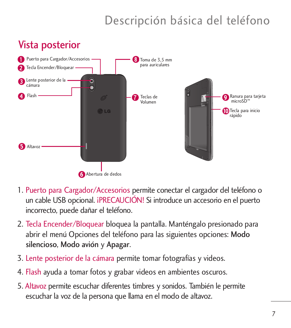 Descripción básica del teléfono, Vista posterior | LG LGL85C User Manual | Page 246 / 490