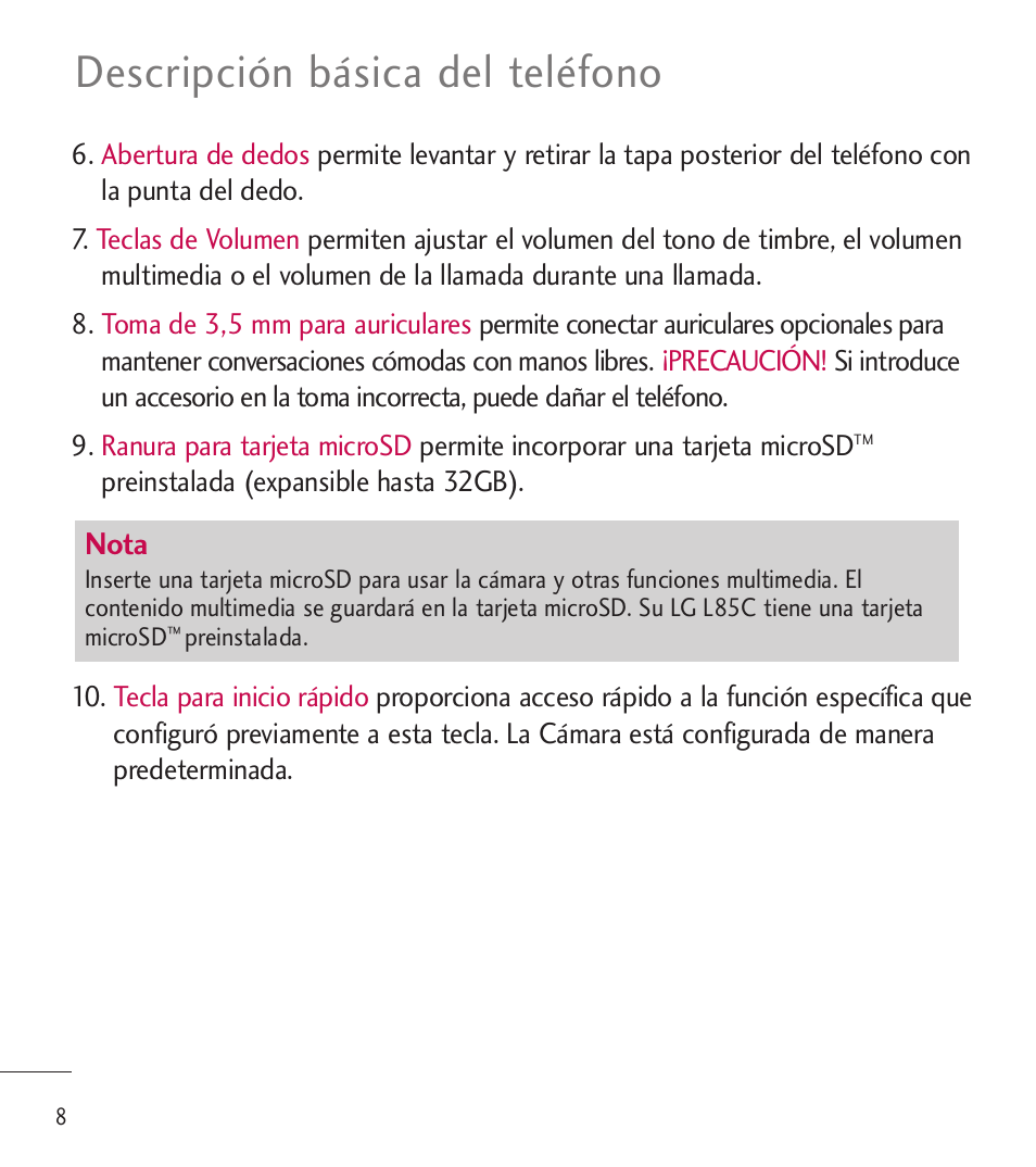 Descripción básica del teléfono | LG LGL85C User Manual | Page 247 / 490