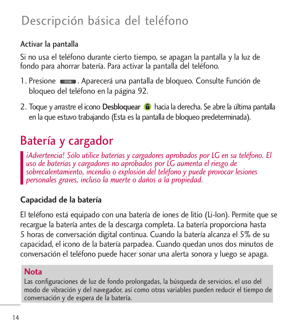 Batereía y cargador, Batería y cargador, Descripción básica del teléfono | LG LGL85C User Manual | Page 253 / 490