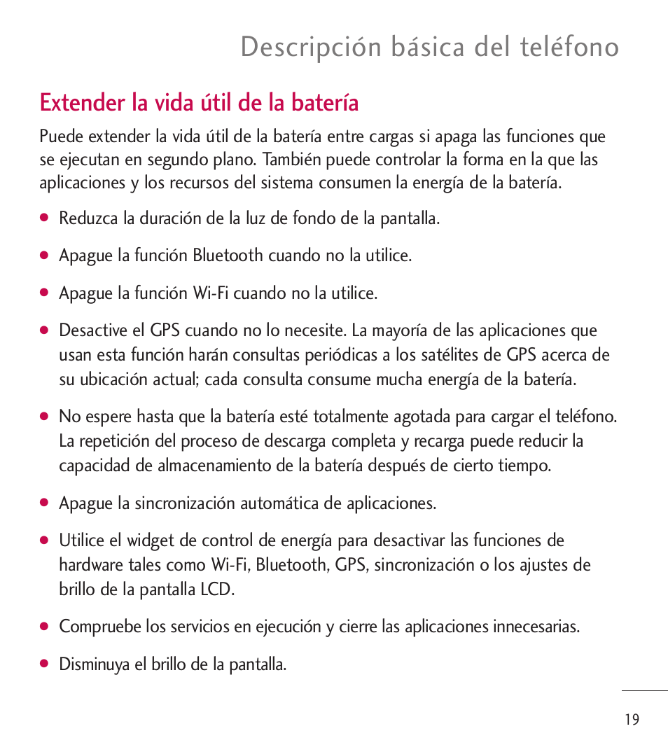 Descripción básica del teléfono, Extender la vida útil de la batería | LG LGL85C User Manual | Page 258 / 490