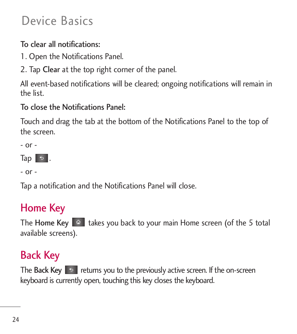 Device basics, Home key, Back key | LG LGL85C User Manual | Page 26 / 490