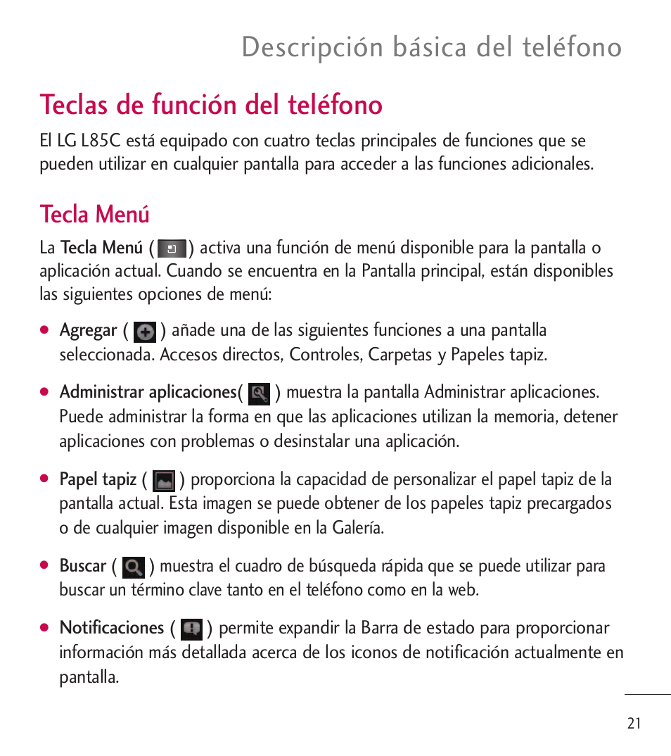 Teclas de función del teléfono, Tecla menú | LG LGL85C User Manual | Page 260 / 490