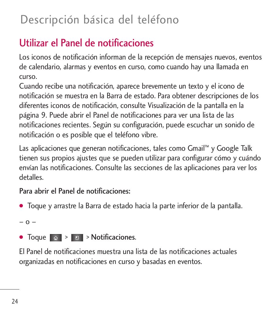 Descripción básica del teléfono, Utilizar el panel de notificaciones | LG LGL85C User Manual | Page 263 / 490