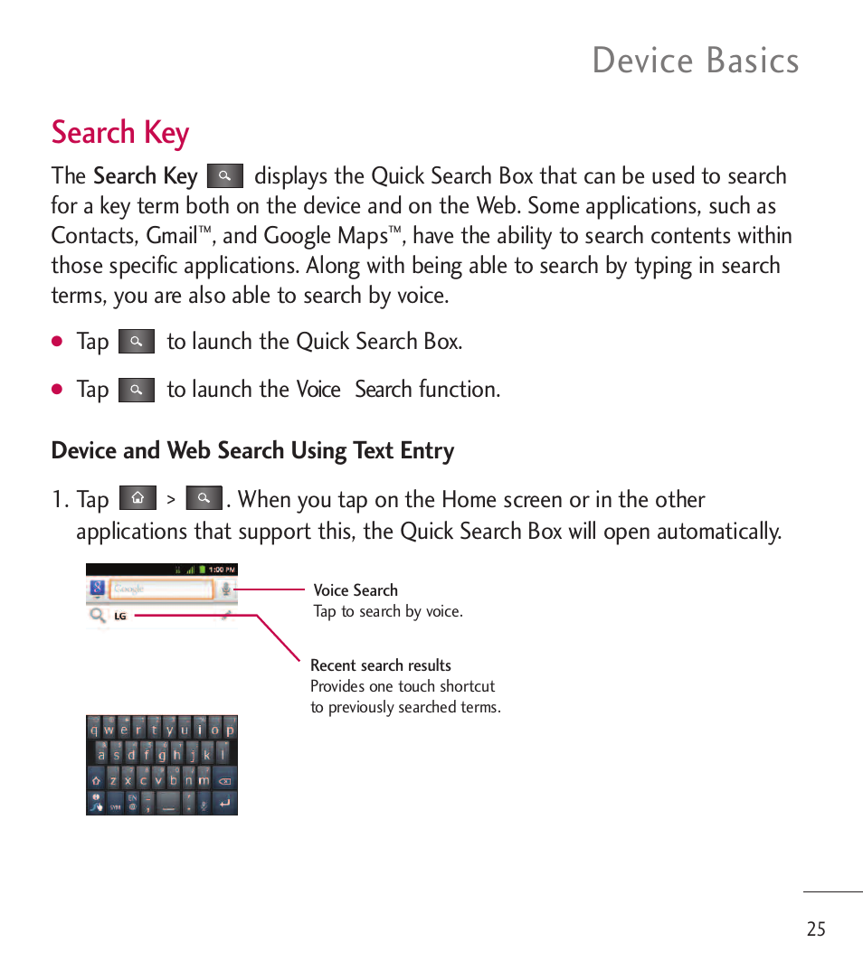 Device basics, Search key | LG LGL85C User Manual | Page 27 / 490