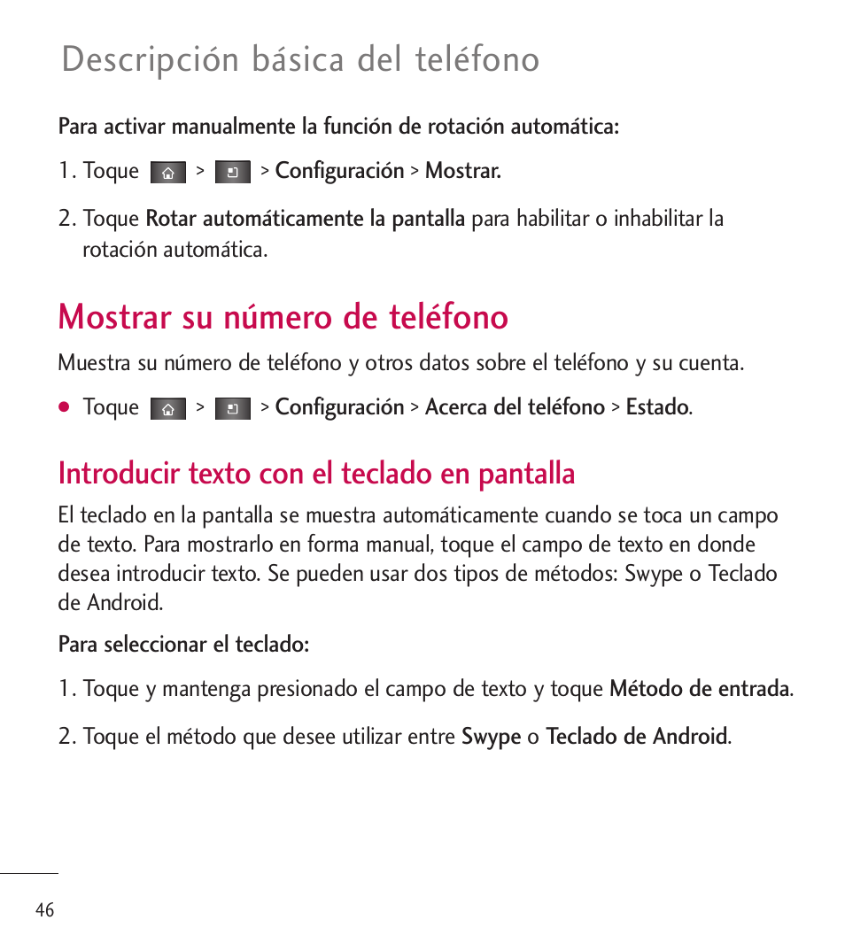 Mostrar su número de teléfono, Descripción básica del teléfono, Introducir texto con el teclado en pantalla | LG LGL85C User Manual | Page 285 / 490