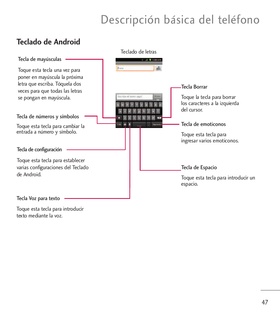 Descripción básica del teléfono, Teclado de android | LG LGL85C User Manual | Page 286 / 490