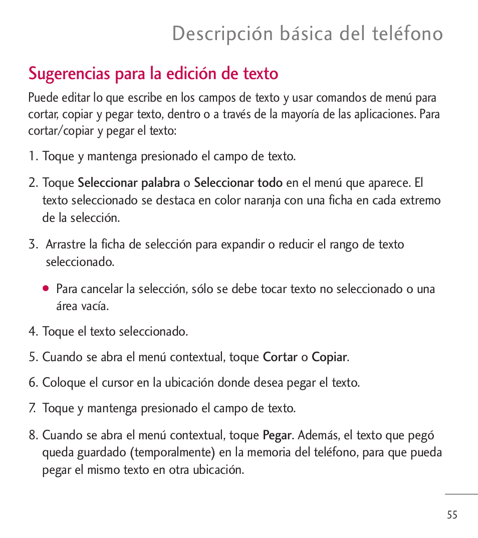 Descripción básica del teléfono, Sugerencias para la edición de texto | LG LGL85C User Manual | Page 294 / 490