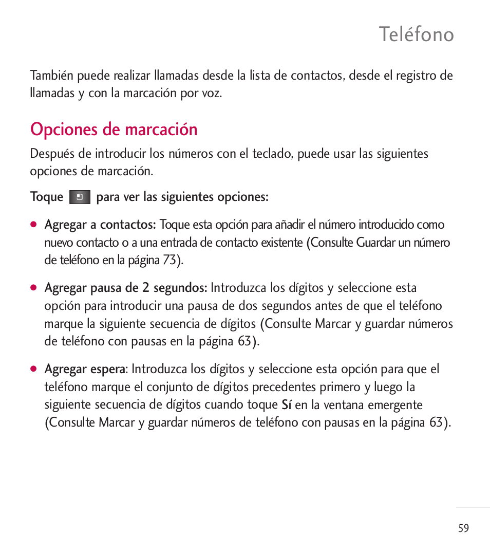 Teléfono, Opciones de marcación | LG LGL85C User Manual | Page 298 / 490