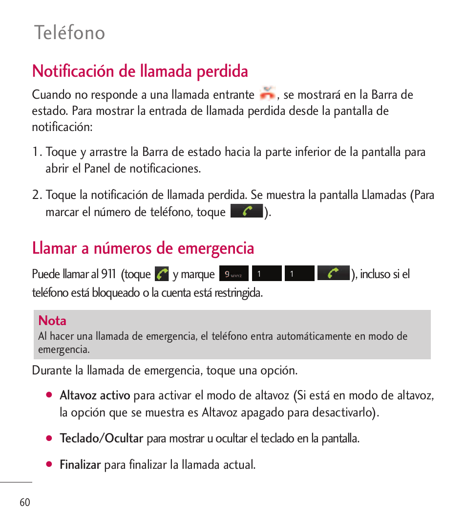 Teléfono, Notificación de llamada perdida, Llamar a números de emergencia | LG LGL85C User Manual | Page 299 / 490