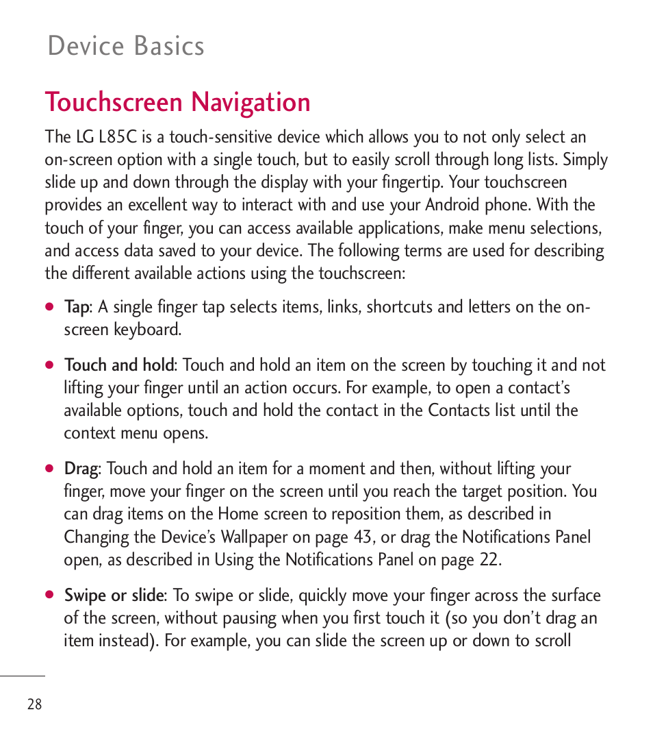 Touchscreen navigation, Device basics touchscreen navigation | LG LGL85C User Manual | Page 30 / 490