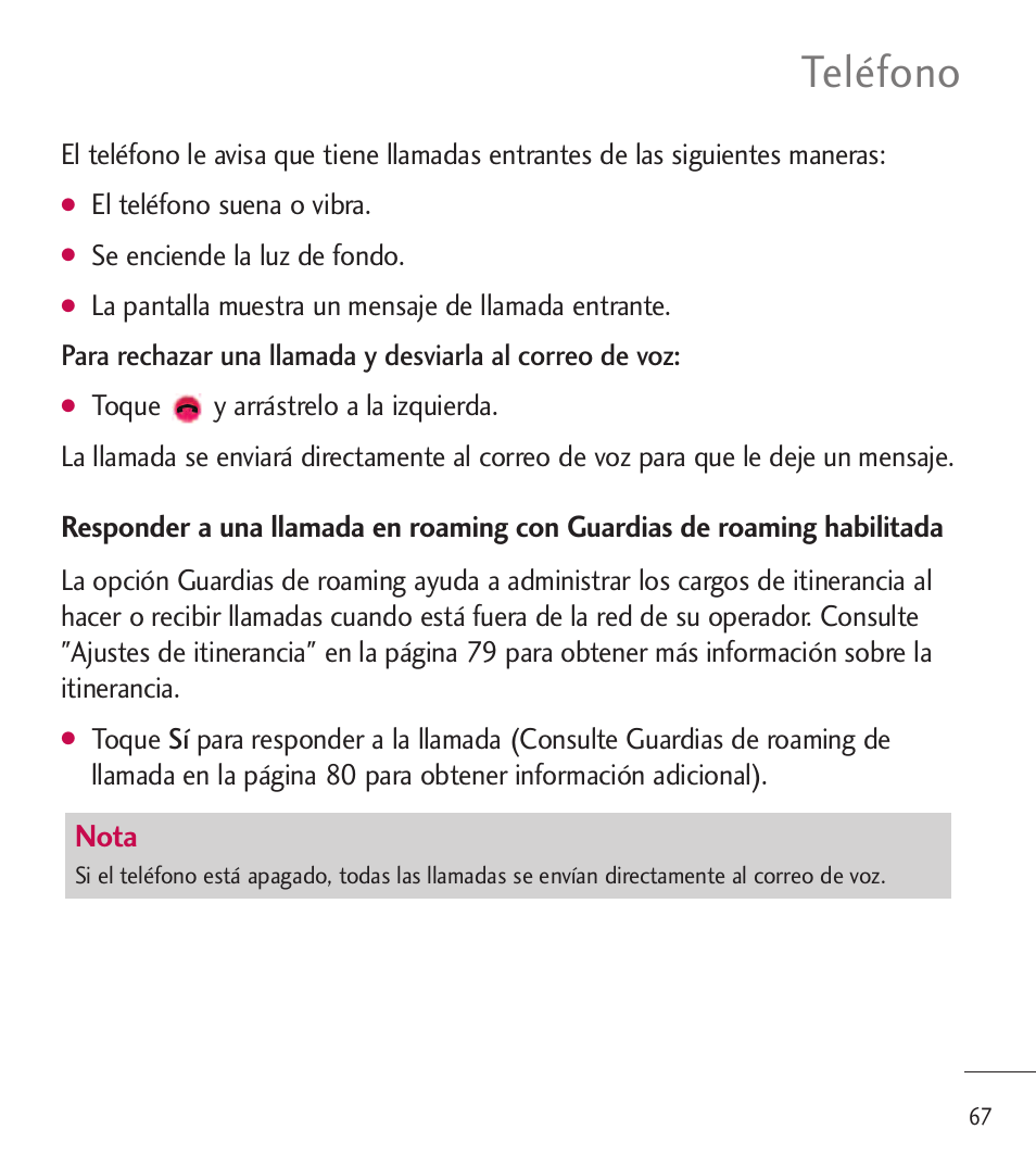 Teléfono, Nota | LG LGL85C User Manual | Page 306 / 490