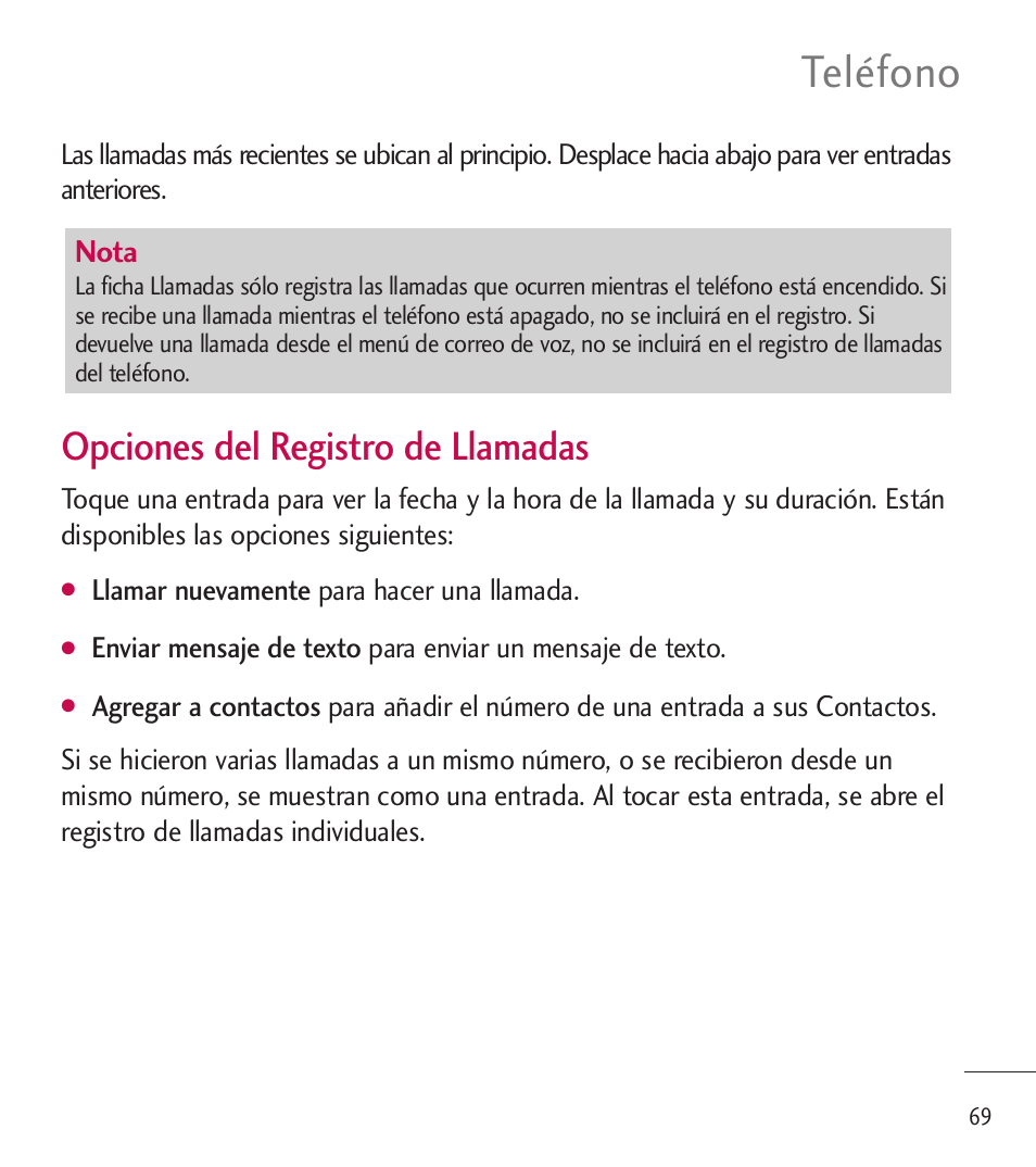 Teléfono, Opciones del registro de llamadas | LG LGL85C User Manual | Page 308 / 490