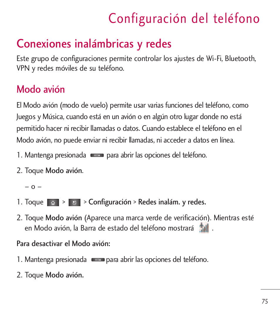 Configuración del teléfono, Conexiones inalámbricas y redes, Modo avión | LG LGL85C User Manual | Page 314 / 490