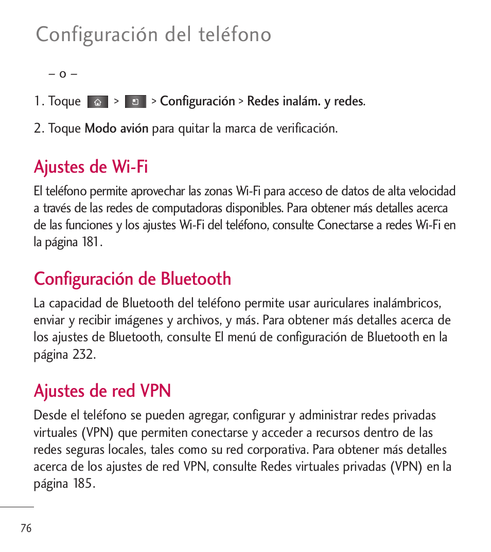 Configuración del teléfono, Ajustes de wi-fi, Configuración de bluetooth | Ajustes de red vpn | LG LGL85C User Manual | Page 315 / 490