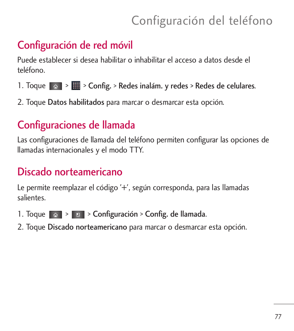 Configuración del teléfono, Configuración de red móvil, Configuraciones de llamada | Discado norteamericano | LG LGL85C User Manual | Page 316 / 490