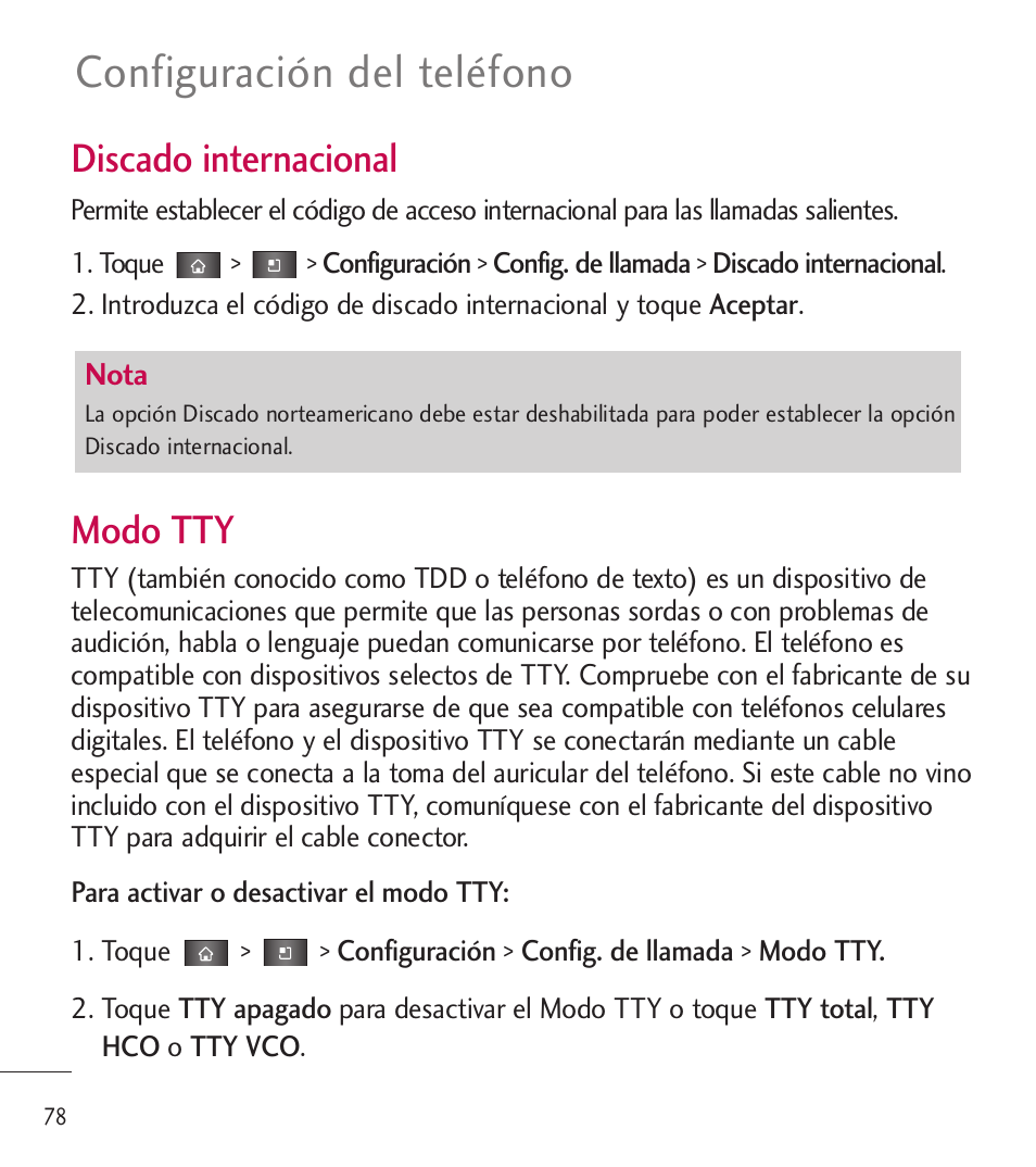 Configuración del teléfono, Discado internacional, Modo tty | LG LGL85C User Manual | Page 317 / 490