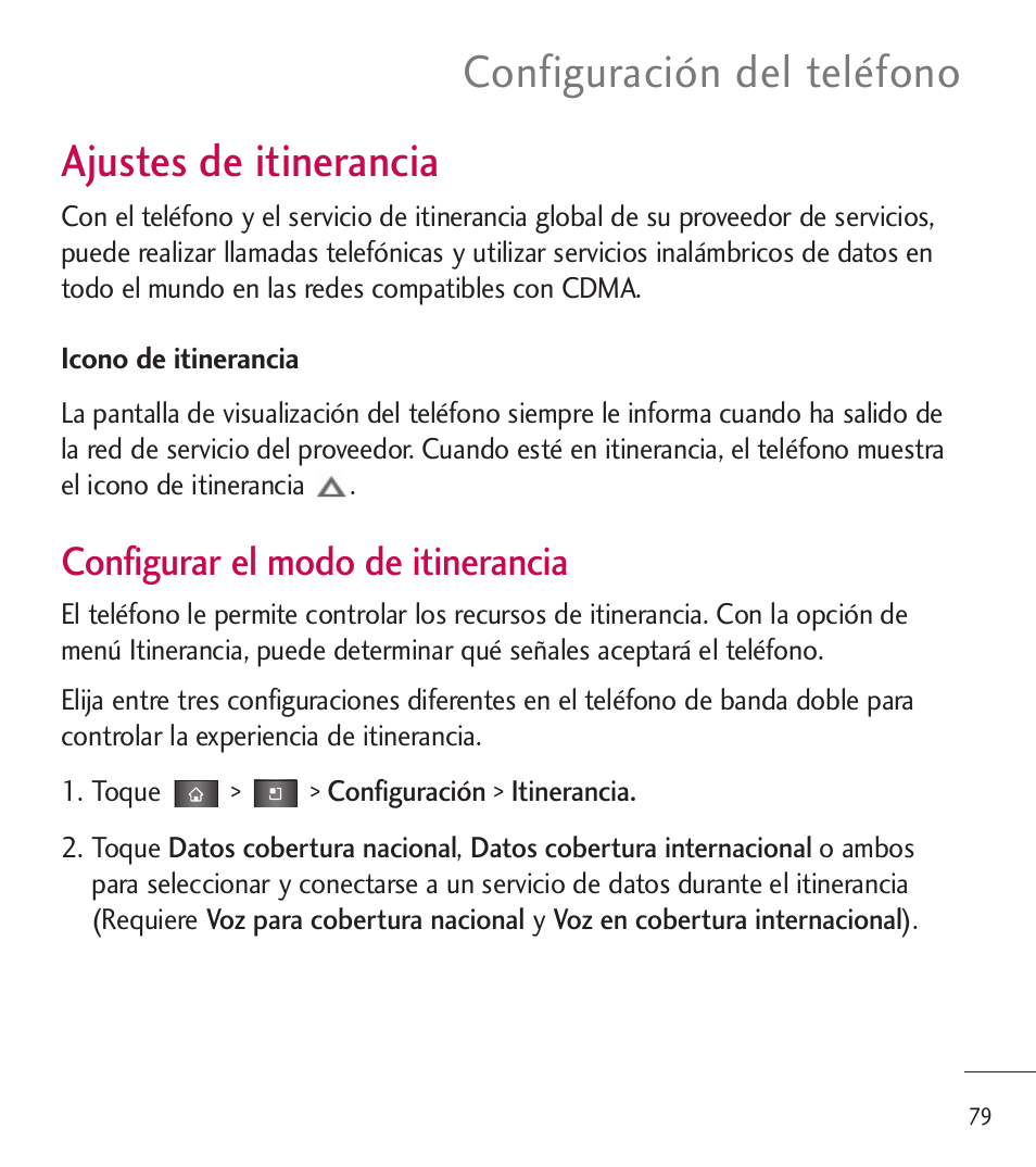 Ajustes de itinerancia, Configuración del teléfono, Configurar el modo de itinerancia | LG LGL85C User Manual | Page 318 / 490