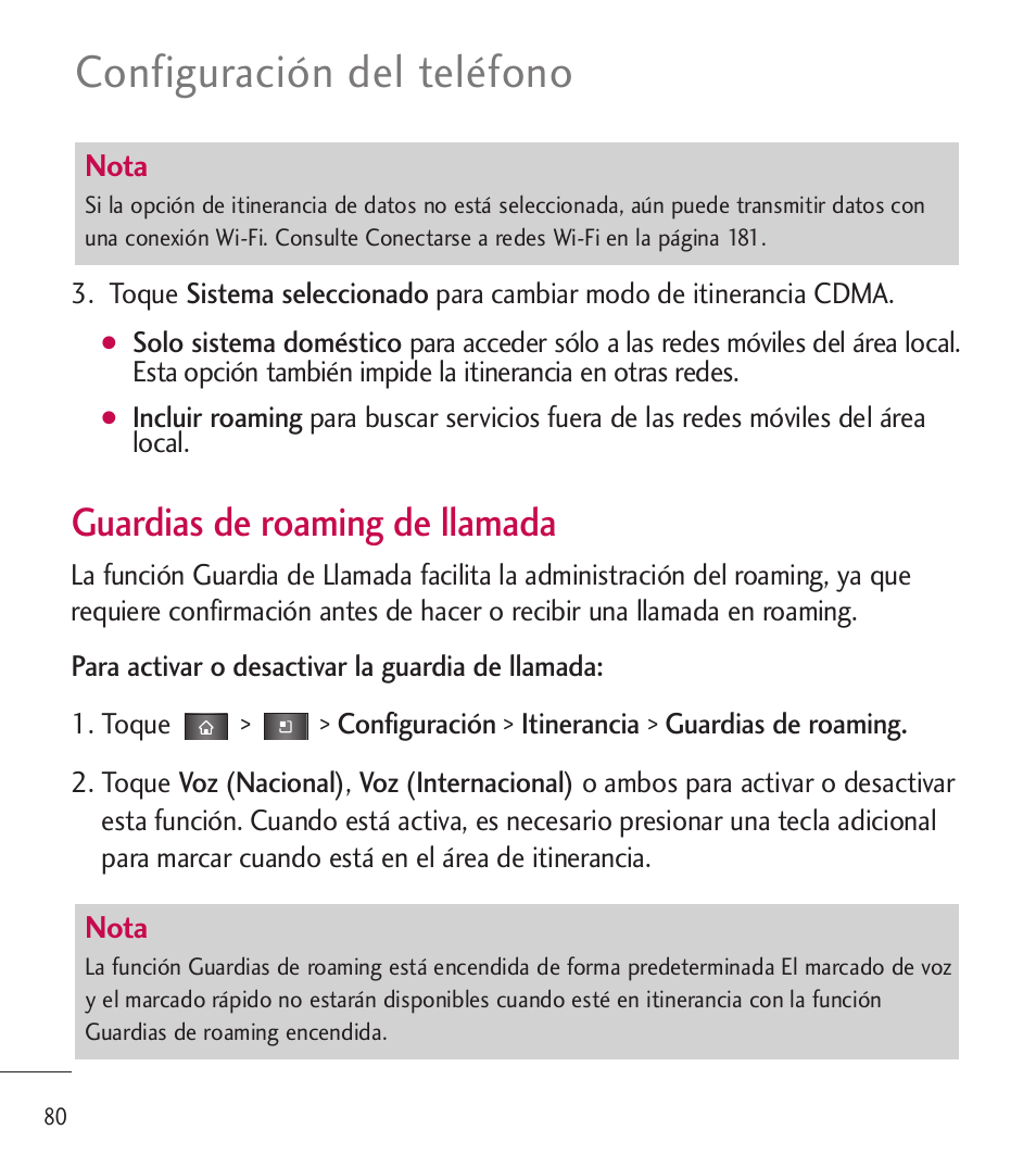 Configuración del teléfono, Guardias de roaming de llamada | LG LGL85C User Manual | Page 319 / 490