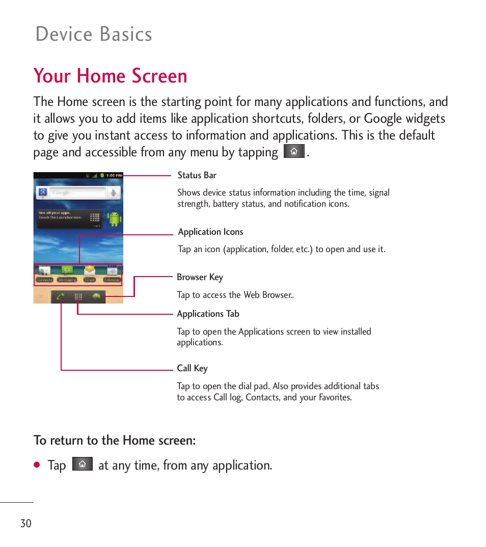 Your home screen, Device basics your home screen | LG LGL85C User Manual | Page 32 / 490