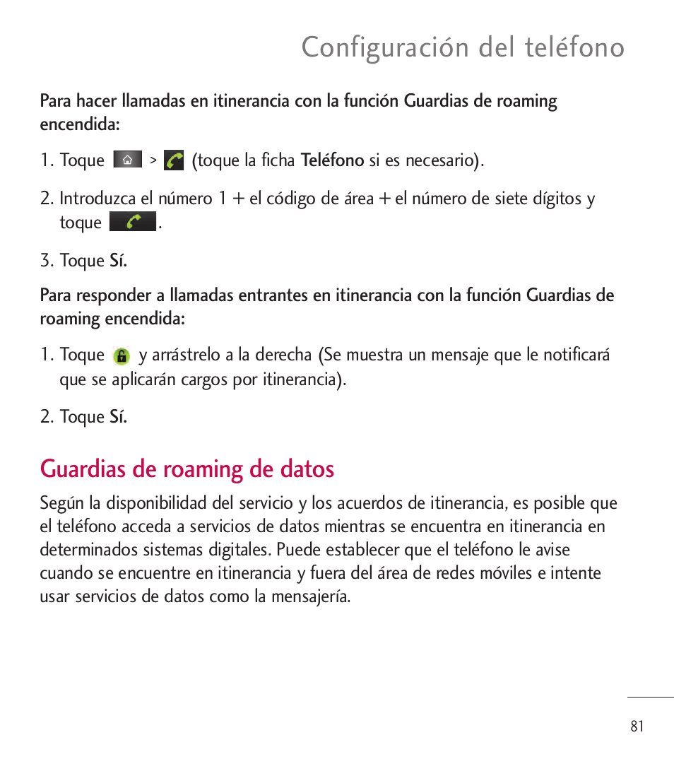 Configuración del teléfono, Guardias de roaming de datos | LG LGL85C User Manual | Page 320 / 490