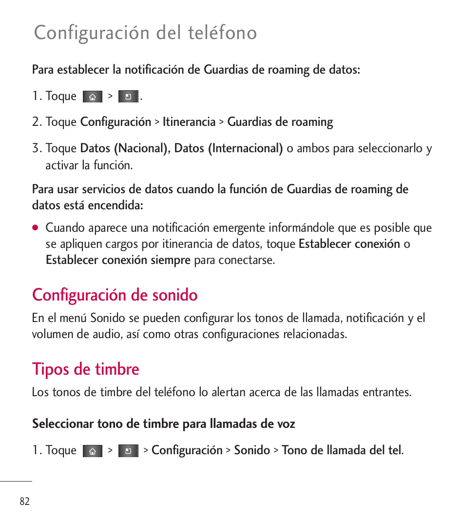 Configuración del teléfono, Configuración de sonido, Tipos de timbre | LG LGL85C User Manual | Page 321 / 490