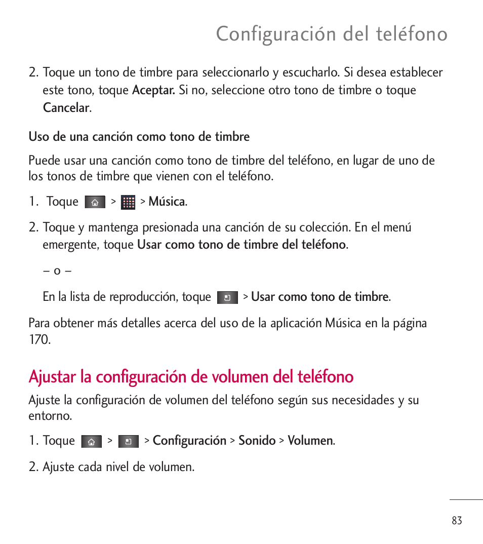 Configuración del teléfono, Ajustar la configuración de volumen del teléfono | LG LGL85C User Manual | Page 322 / 490