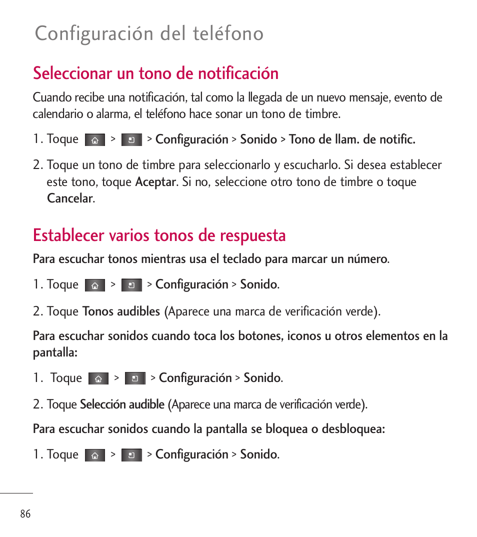 Configuración del teléfono, Seleccionar un tono de notificación, Establecer varios tonos de respuesta | LG LGL85C User Manual | Page 325 / 490