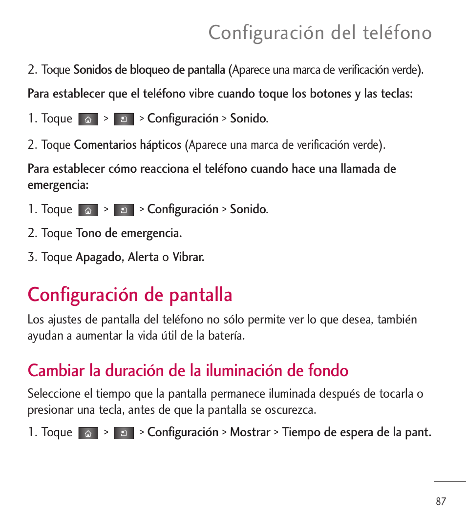 Configuración de pantalla, Configuración del teléfono, Cambiar la duración de la iluminación de fondo | LG LGL85C User Manual | Page 326 / 490