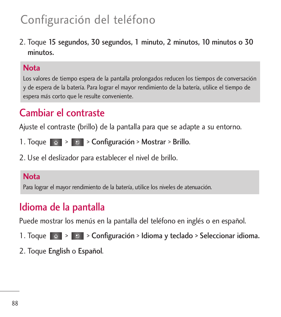 Configuración del teléfono, Cambiar el contraste, Idioma de la pantalla | LG LGL85C User Manual | Page 327 / 490