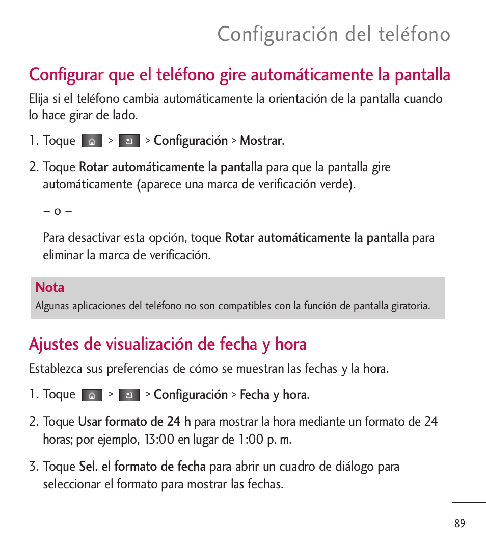 Configuración del teléfono, Ajustes de visualización de fecha y hora | LG LGL85C User Manual | Page 328 / 490