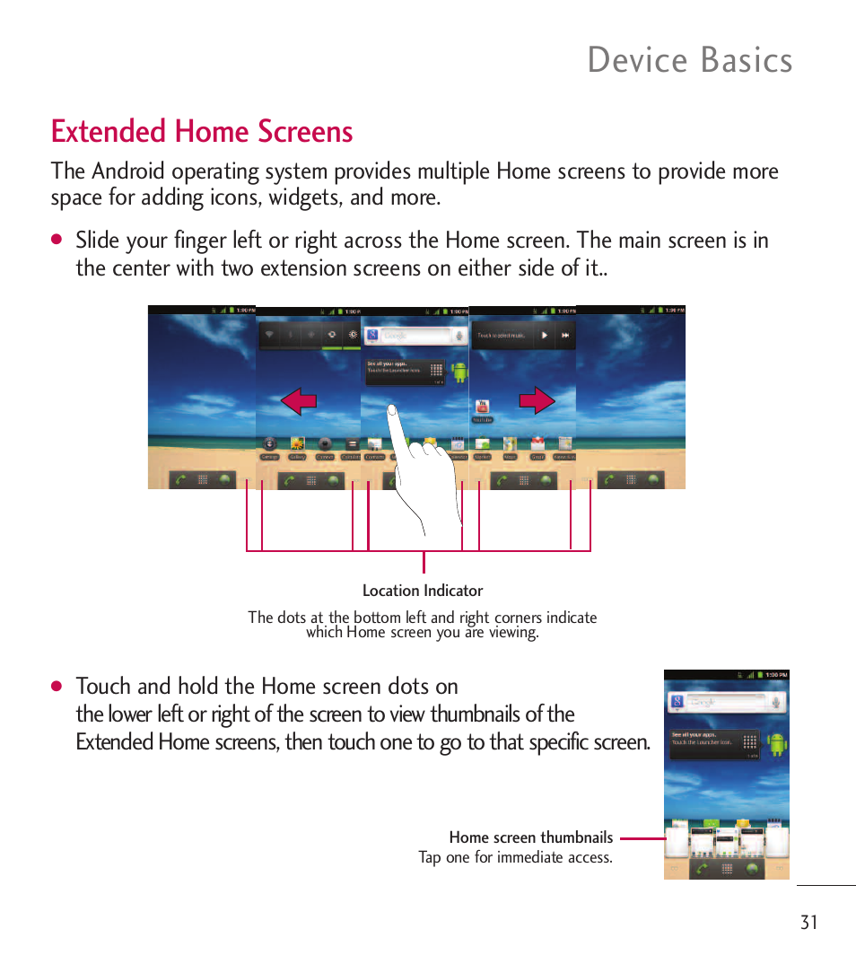 Device basics, Extended home screens | LG LGL85C User Manual | Page 33 / 490