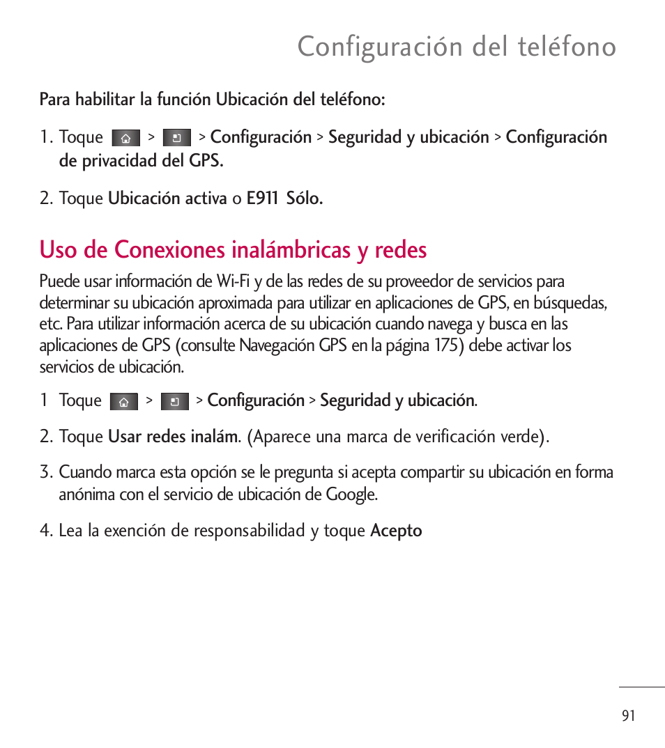 Configuración del teléfono, Uso de conexiones inalámbricas y redes | LG LGL85C User Manual | Page 330 / 490