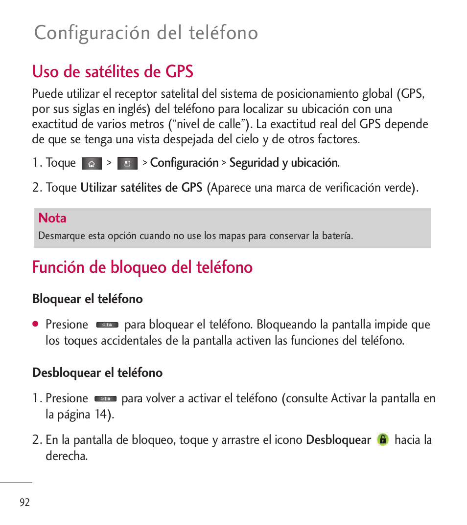 Configuración del teléfono, Uso de satélites de gps, Función de bloqueo del teléfono | LG LGL85C User Manual | Page 331 / 490