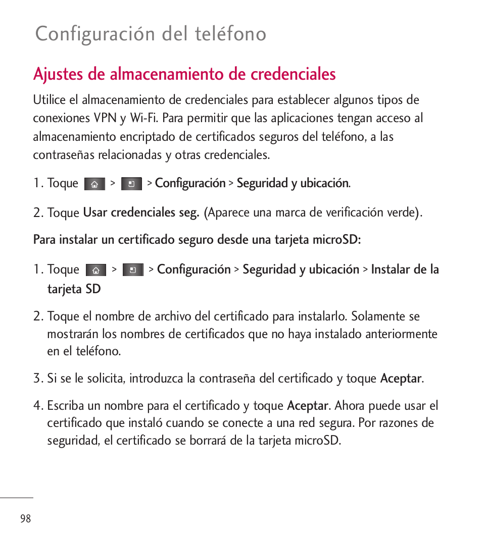 Configuración del teléfono, Ajustes de almacenamiento de credenciales | LG LGL85C User Manual | Page 337 / 490